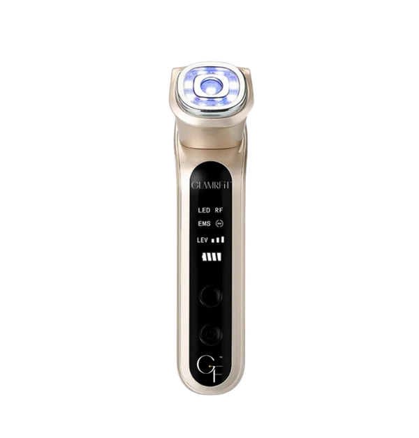A skincare device with various treatment settings labeled LED, EMS, RF, Sonic Vibration, Electroporation, and Mesoporation, with a digital display and buttons for operation.